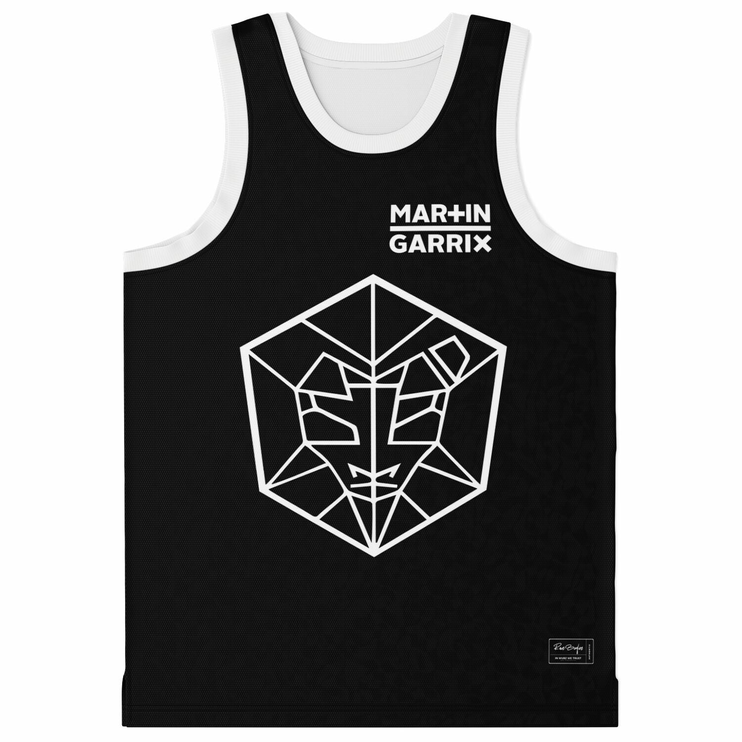 Black basketball jersey front with Martin Garrix chest logo and geometric lion head graphic