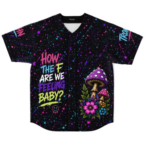 Johntronics rave baseball jersey — psychedelic amanita, black