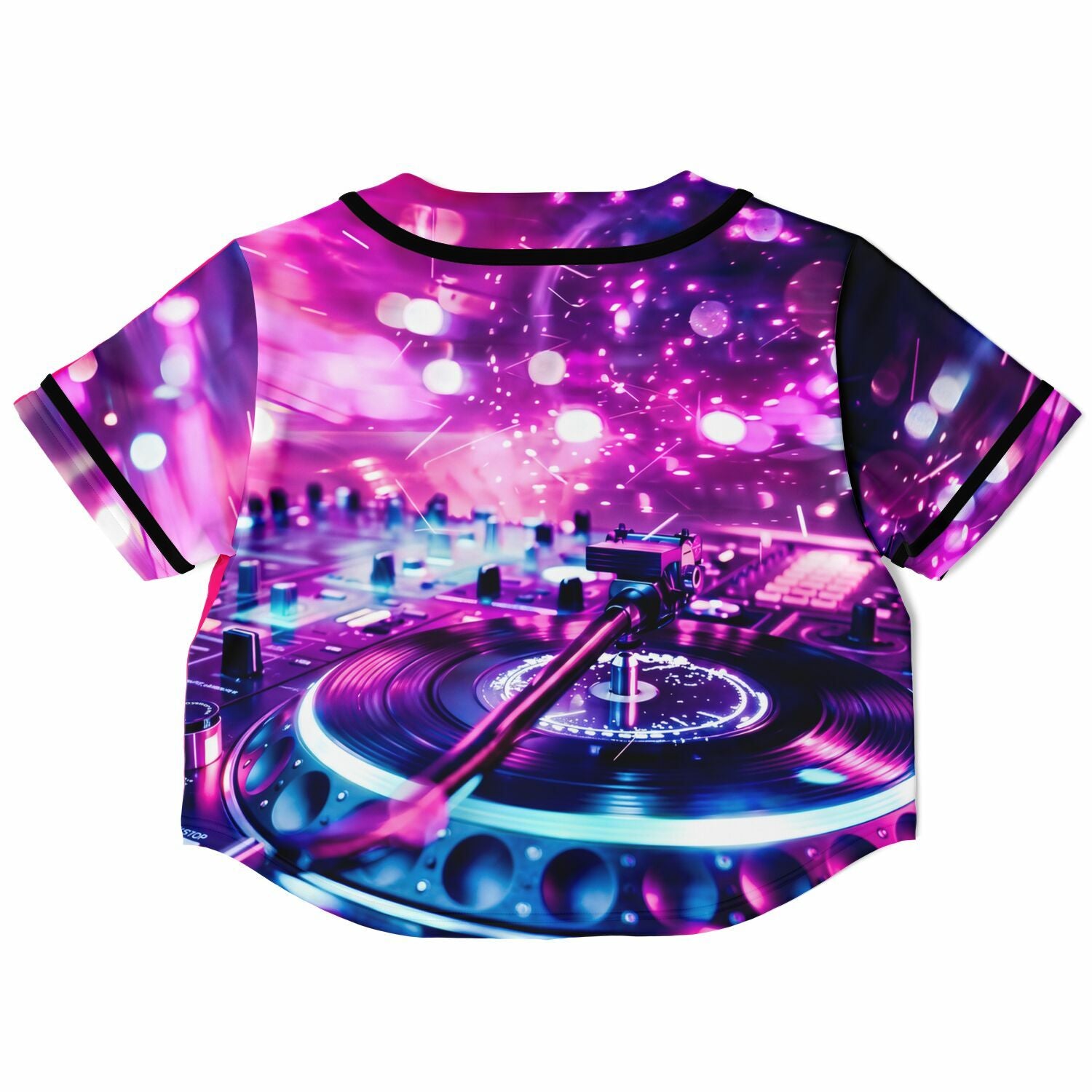 Cropped baseball jersey back with neon DJ turntable and galaxy splatter design