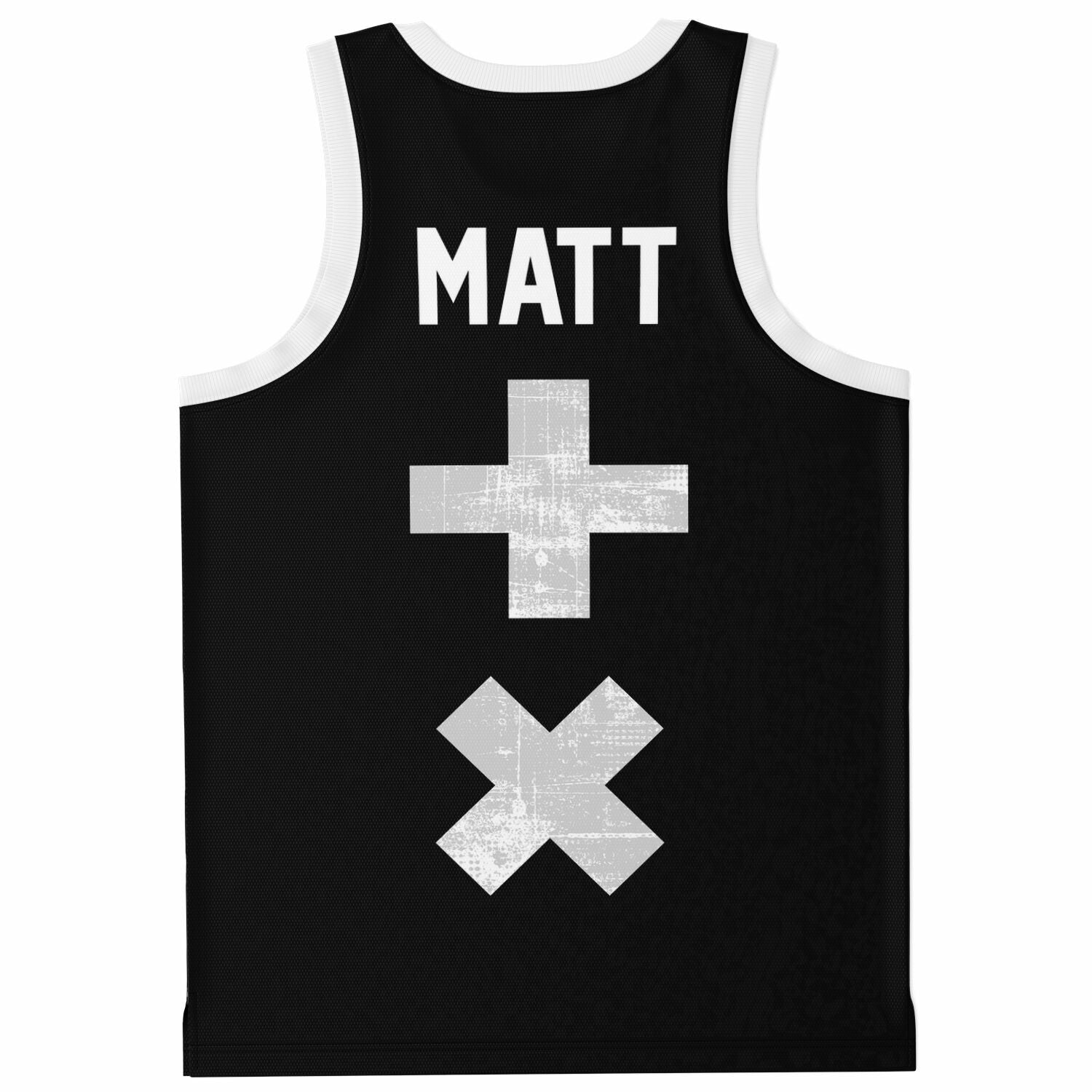 Black basketball jersey back print reading MATT with distressed plus and X symbols