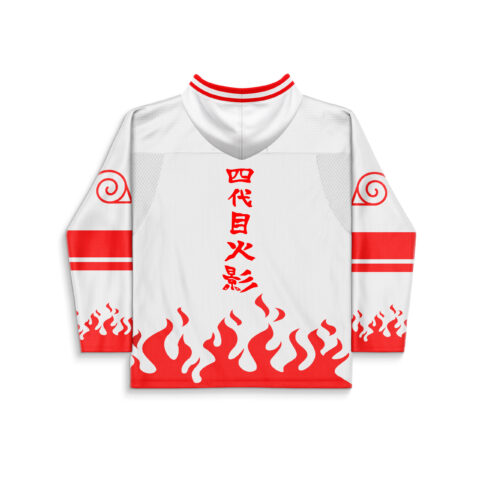 rave hooded hockey jersey — naruto inspired, white – back view