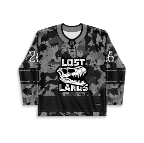 Lost Lands rave hockey jersey — monochrome camouflage, grayscale — – back view