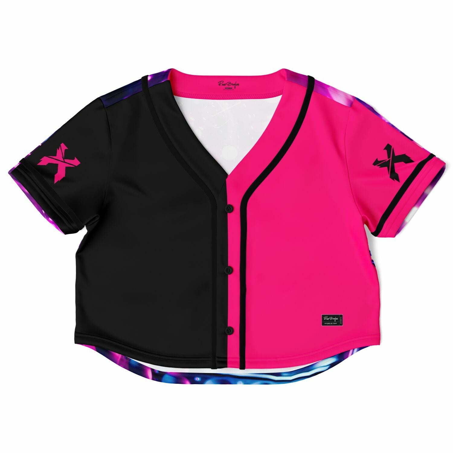 Half black half pink cropped jersey front with X logo sleeve patches and button placket