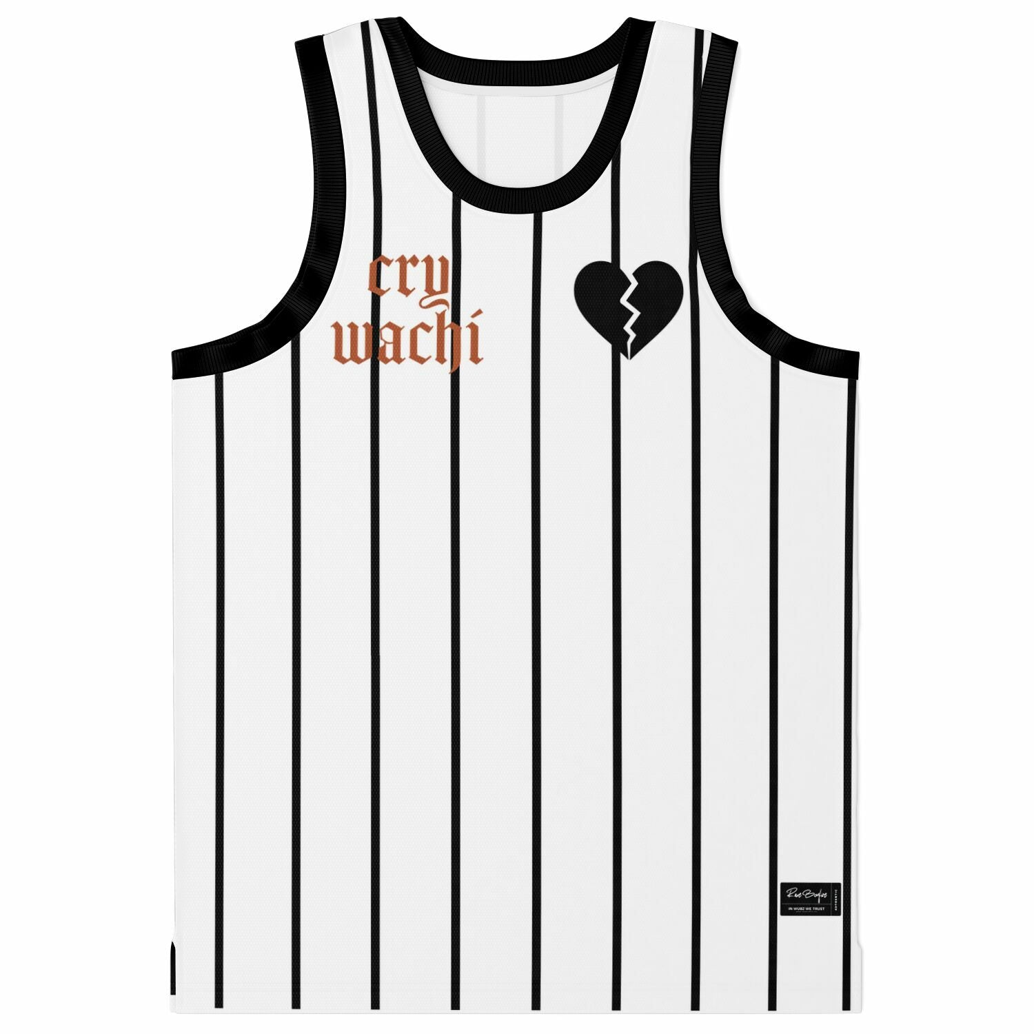 Front view white pinstripe basketball jersey cry wachí text and broken heart chest logo