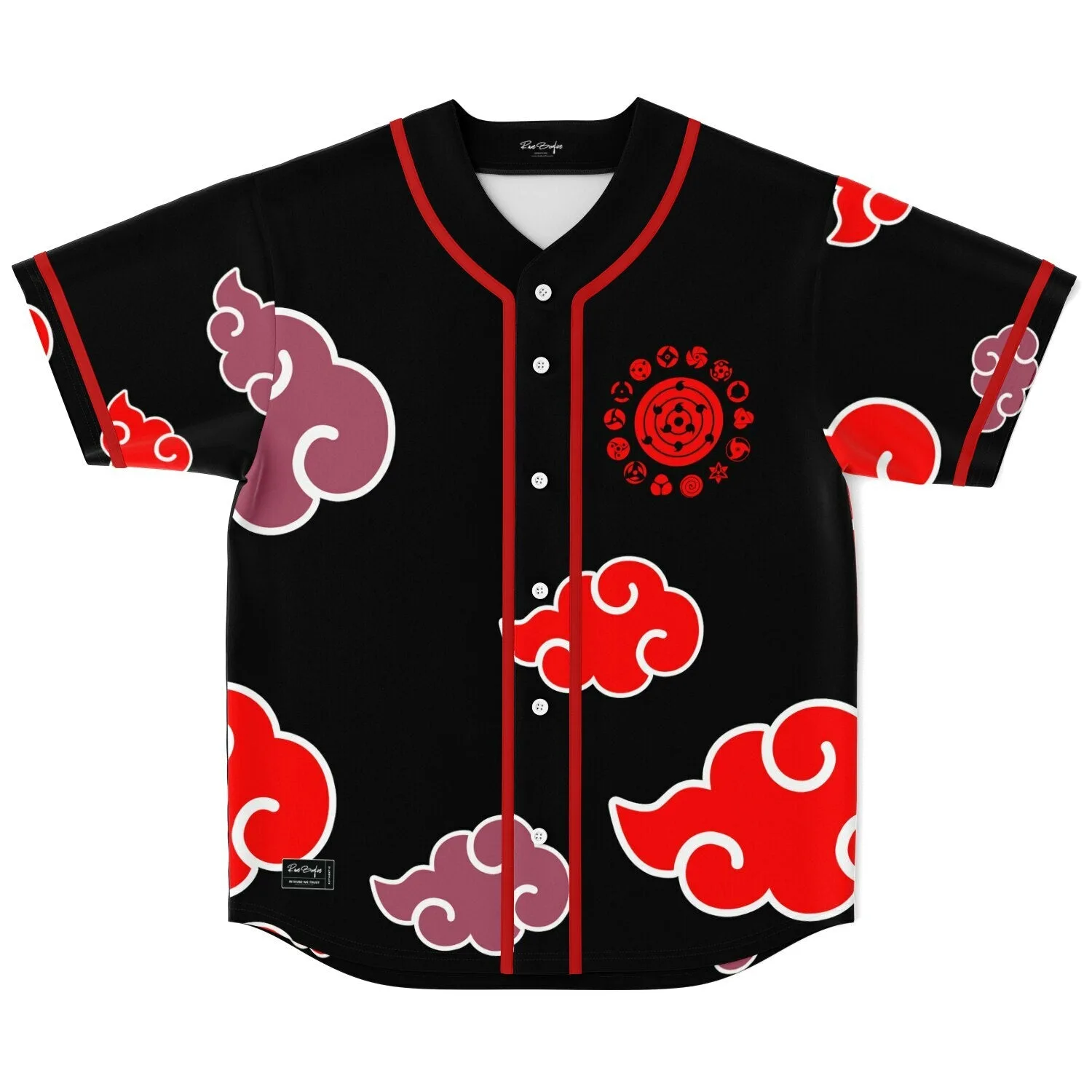 Front flat lay of anime cloud baseball jersey in black with red and mauve clouds and red spiral chest emblem