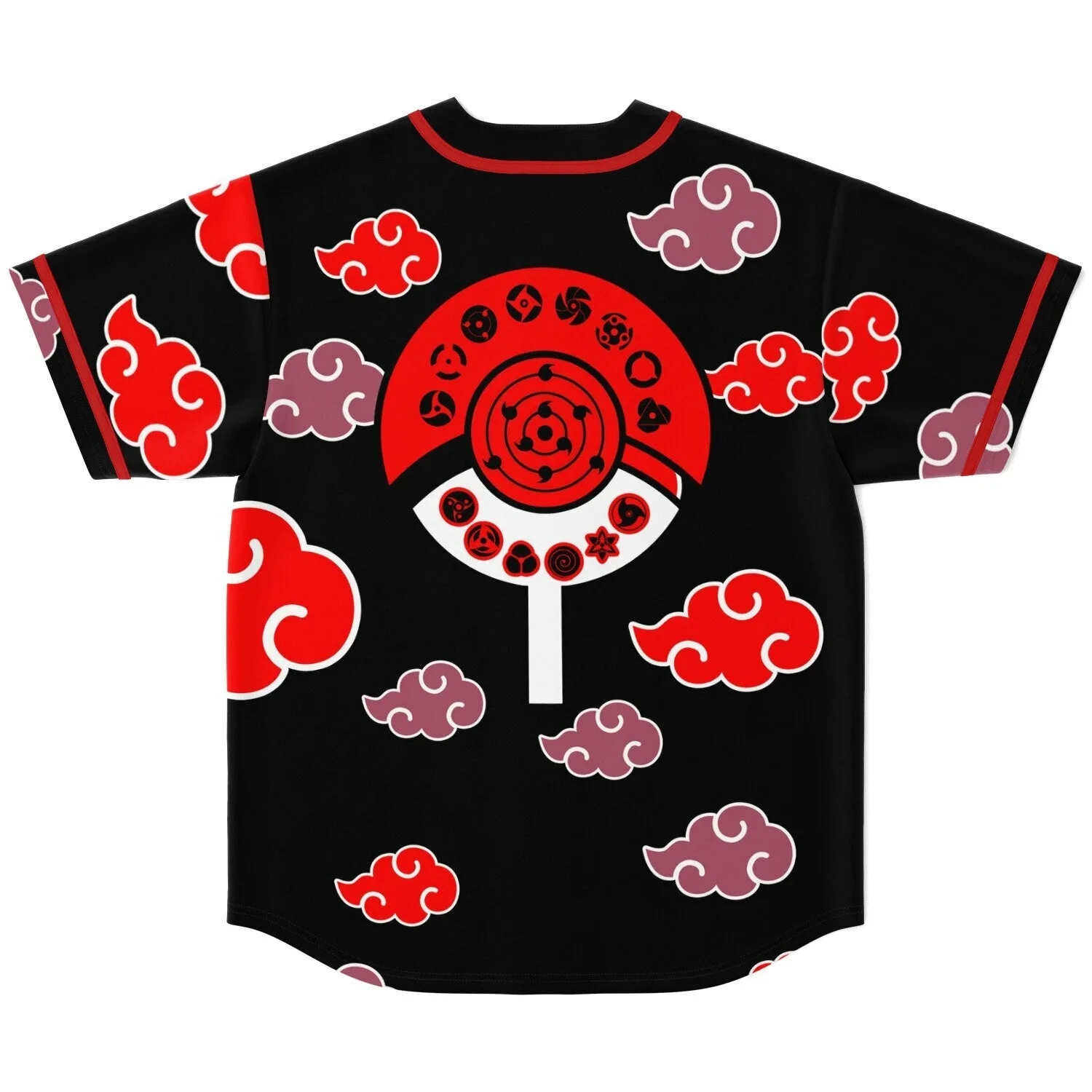 Back flat lay showing large red spiral eye emblem on black jersey surrounded by red and mauve cloud print