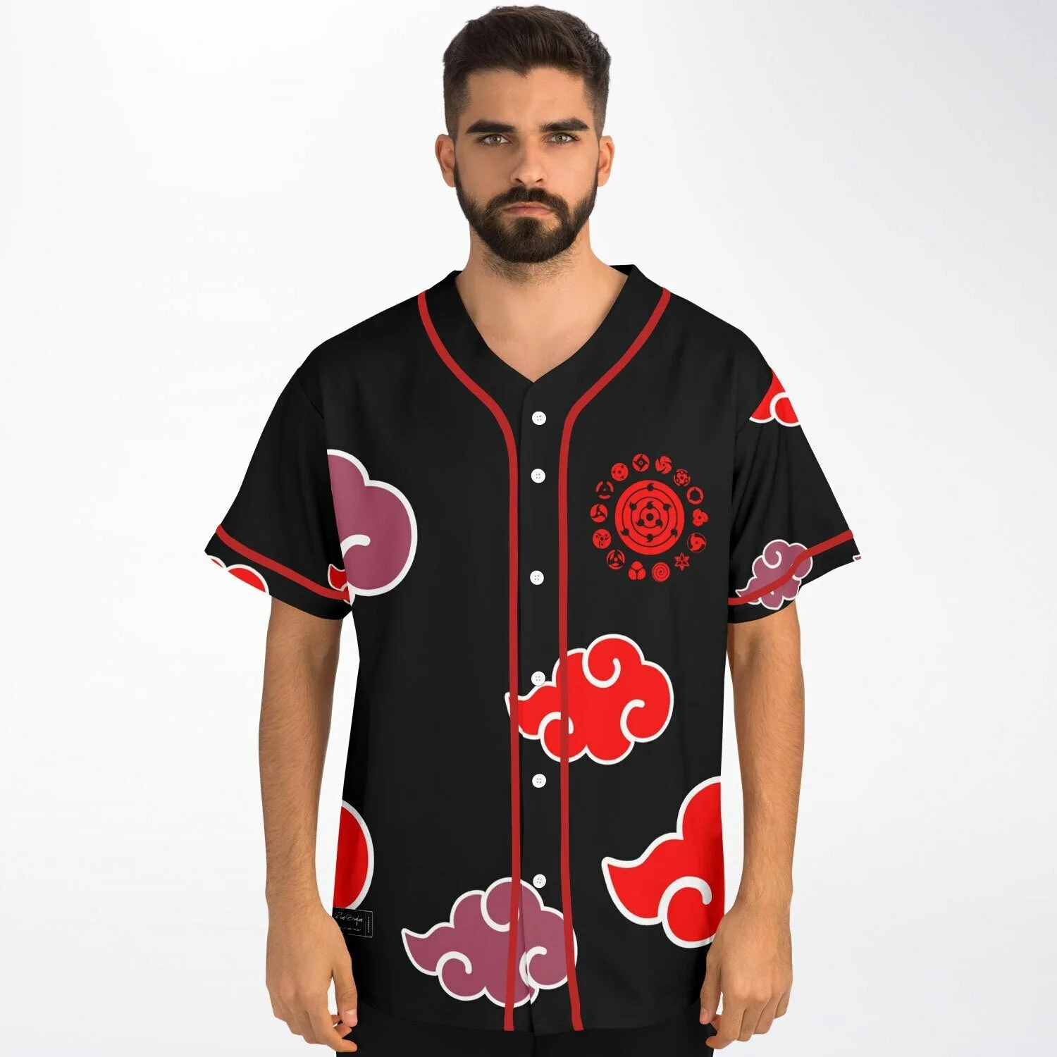 Model wearing black cloud print baseball jersey with red piping and spiral chest logo