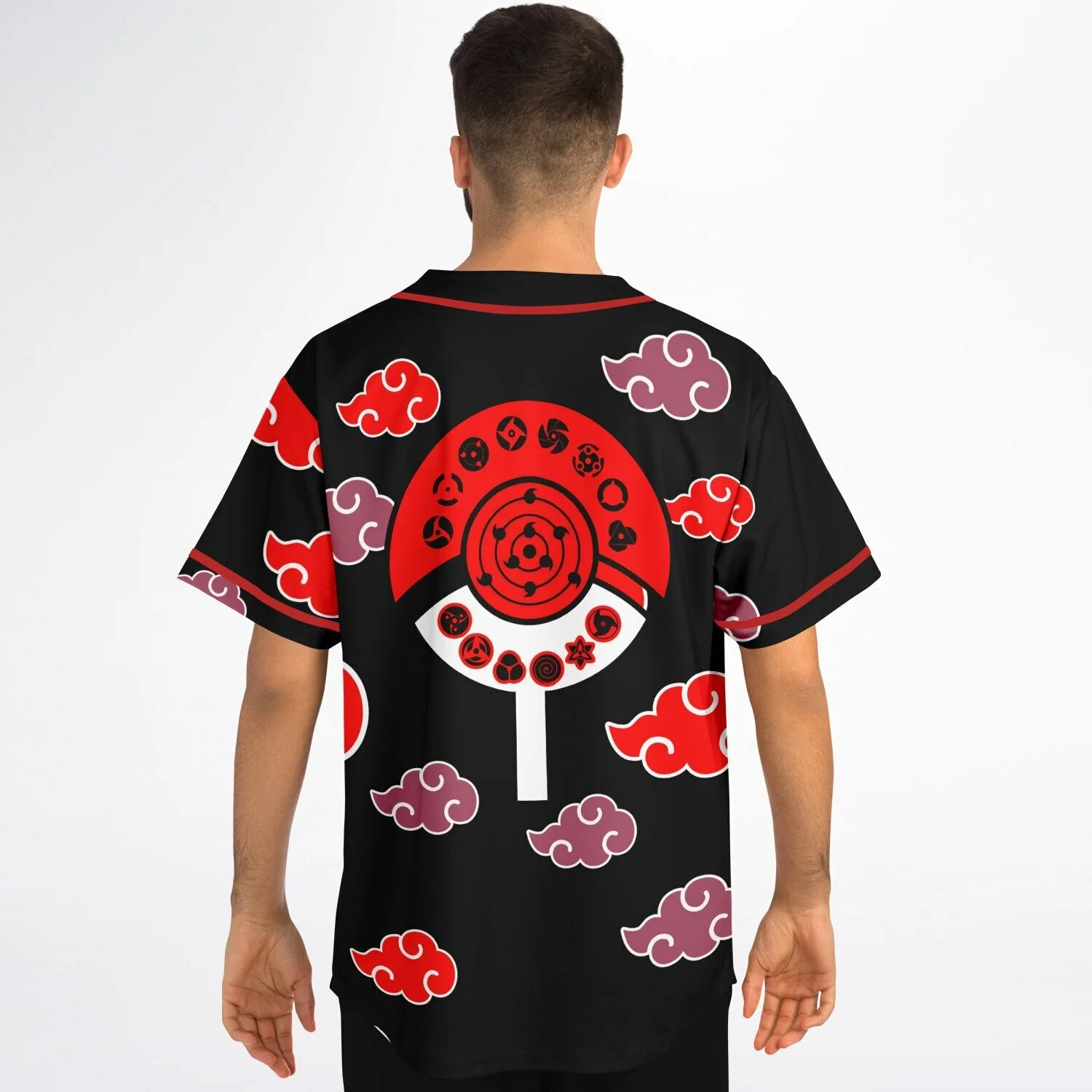 Close-up of red spiral emblem and cloud design on the chest of an anime baseball jersey