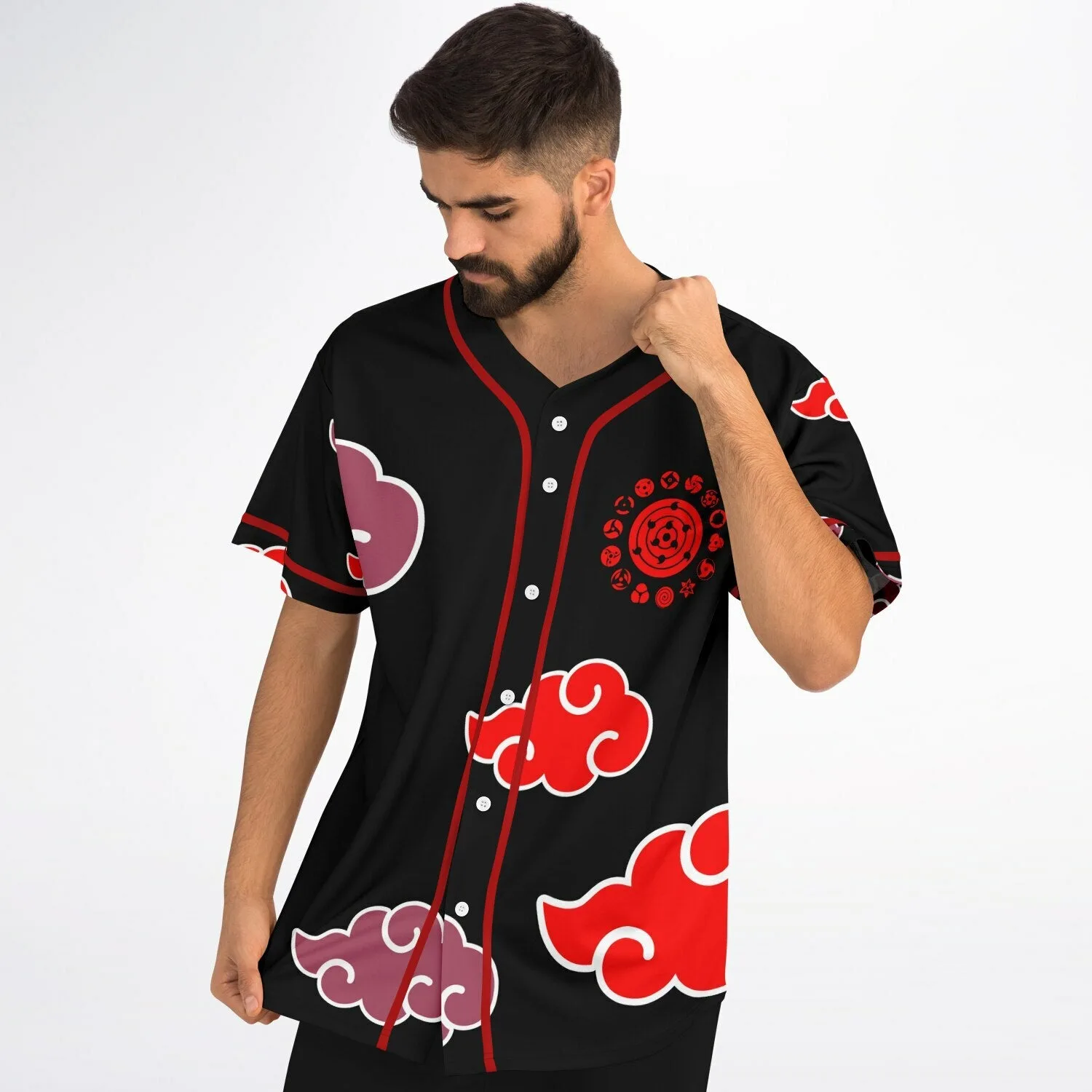 Detail of red trim, button placket, and cloud print on an anime-inspired baseball jersey