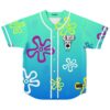 Aqua doodle cartoon rave baseball jersey back view — large scribbled cartoon character holding a can over its head among sea flowers