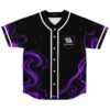 Purple liquid rave baseball jersey, black with violet marble swirls and a custom name and number – back view