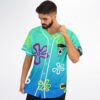 Teal doodle character rave baseball jersey, view 5 — flower shapes on the teal-to-blue gradient