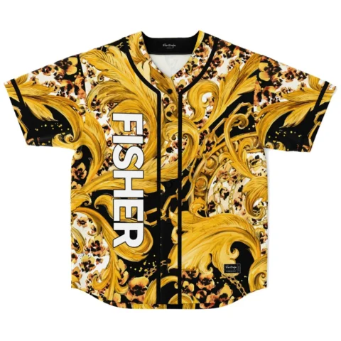 FISHER rave baseball jersey — ornate golden, gold black
