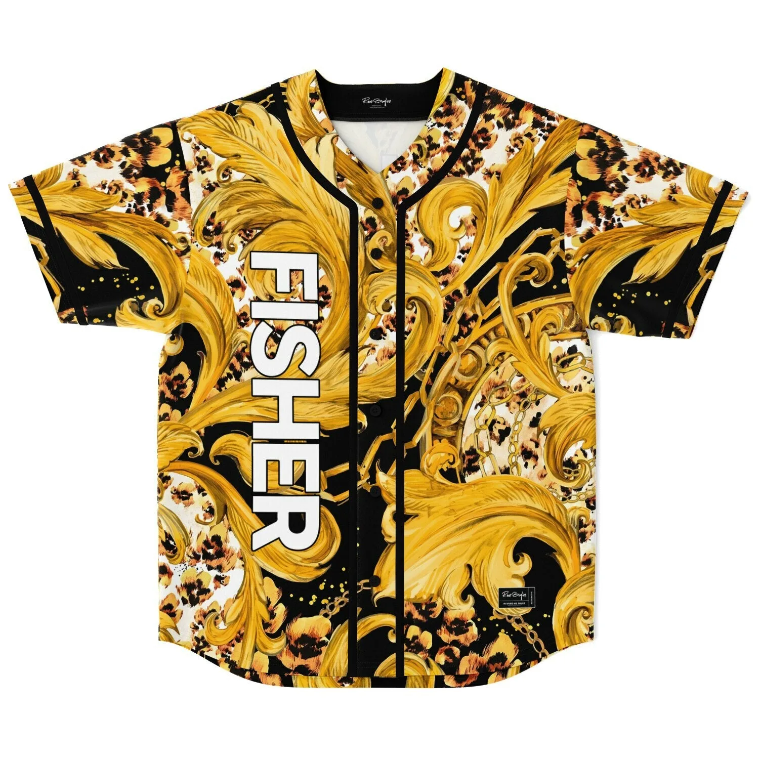 Front view of custom baroque baseball jersey with gold scrollwork, leopard print panels, and white block name text down the p