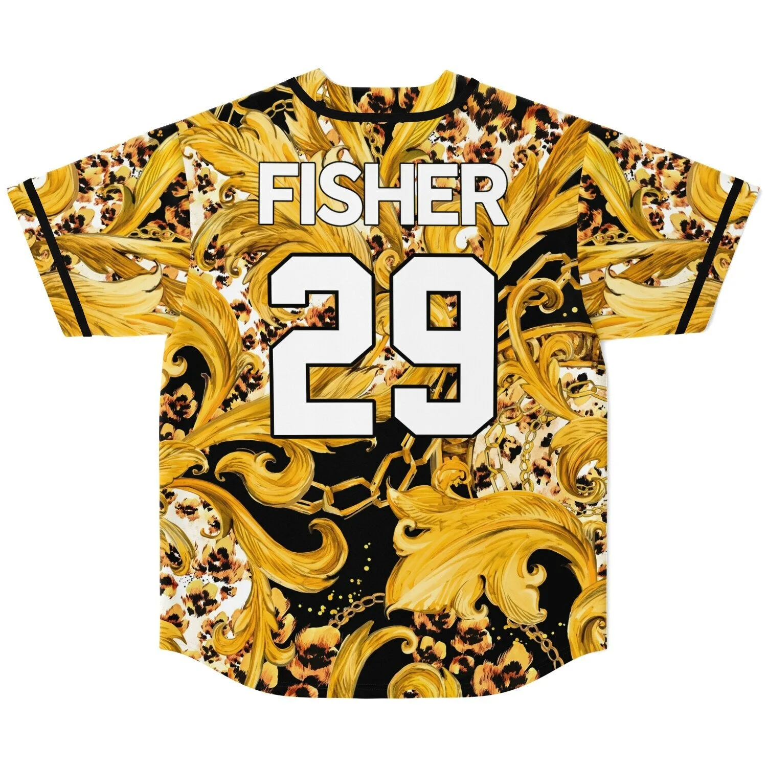 Back view of custom baroque baseball jersey showing white block name and number over gold and leopard print design