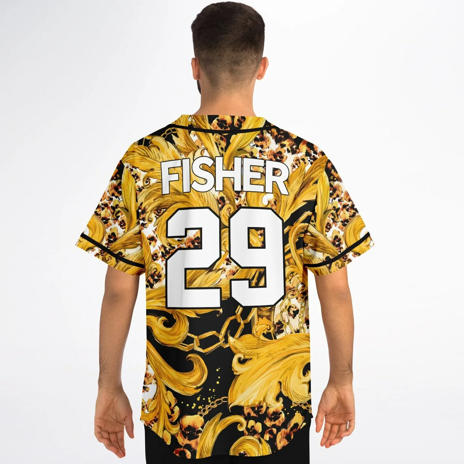 Back view on model wearing the custom baroque baseball jersey with gold scroll and leopard print pattern