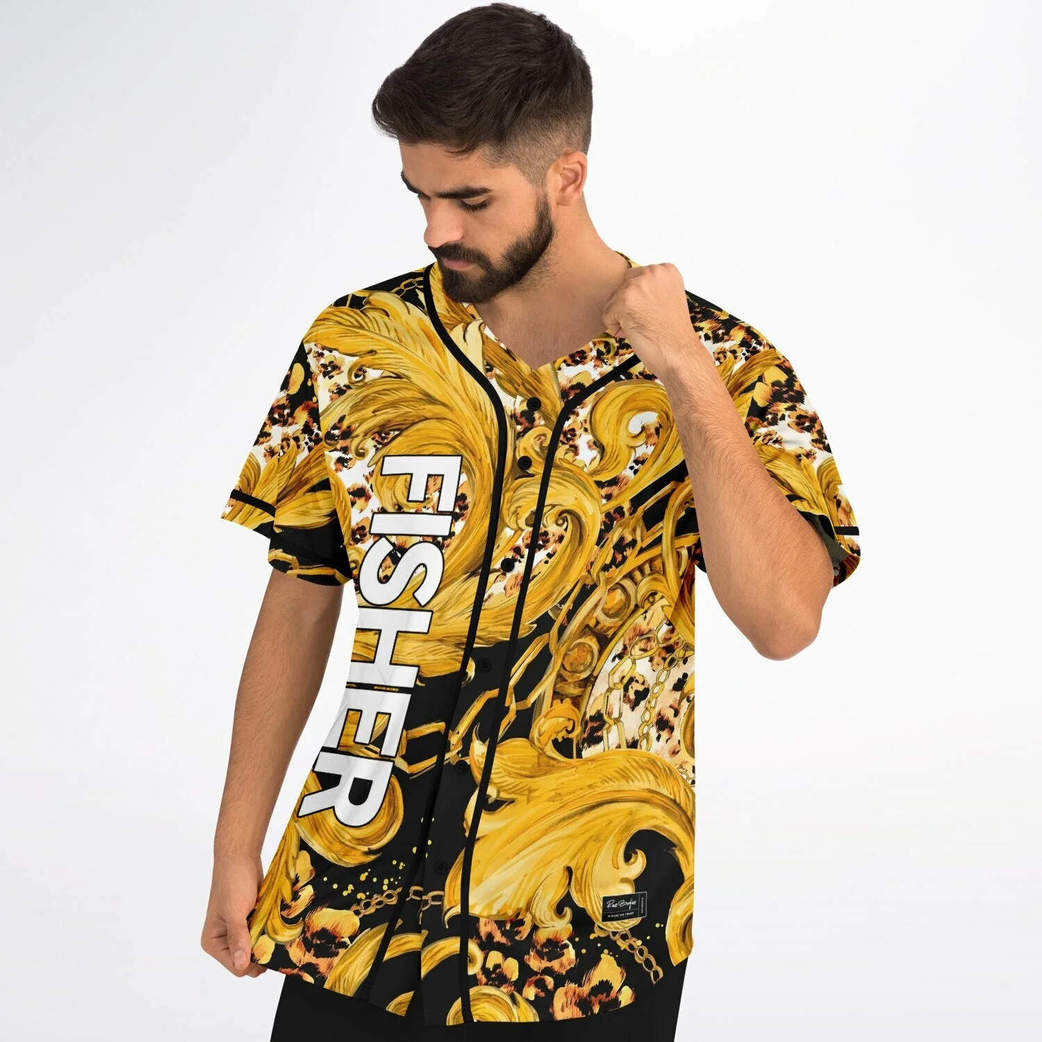 Close-up of the black button-front placket on the gold baroque and leopard print baseball jersey
