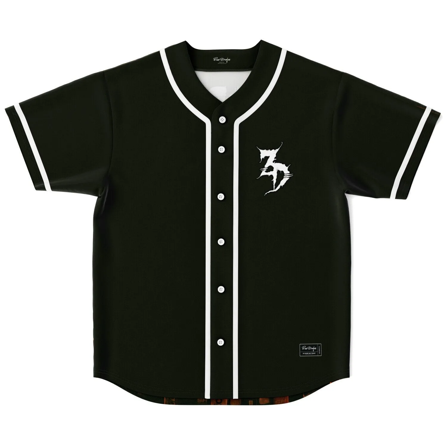 Front view of a custom festival baseball jersey, black with white trim