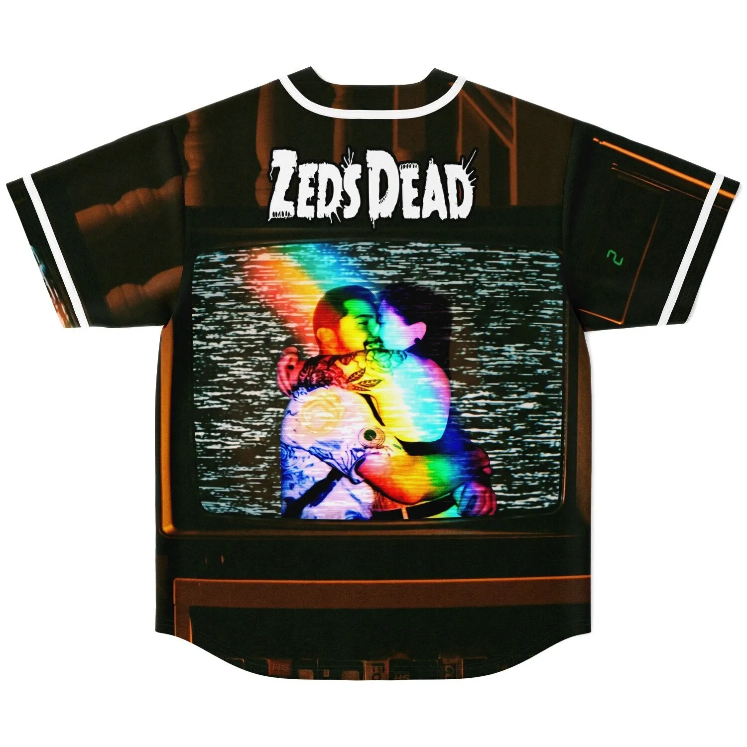 Back of a festival baseball jersey with a retro TV screen design