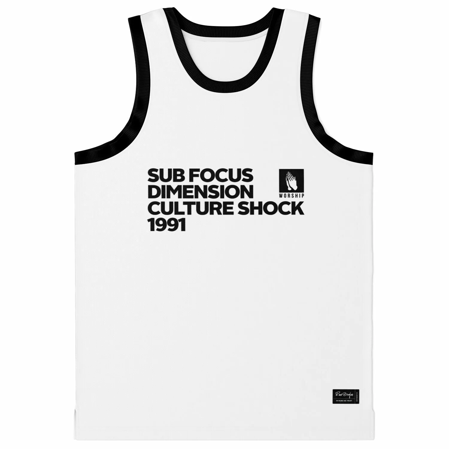 White basketball jersey with black trim, chest text reading SUB FOCUS DIMENSION CULTURE SHOCK 1991 and a praying-hands WORSHI