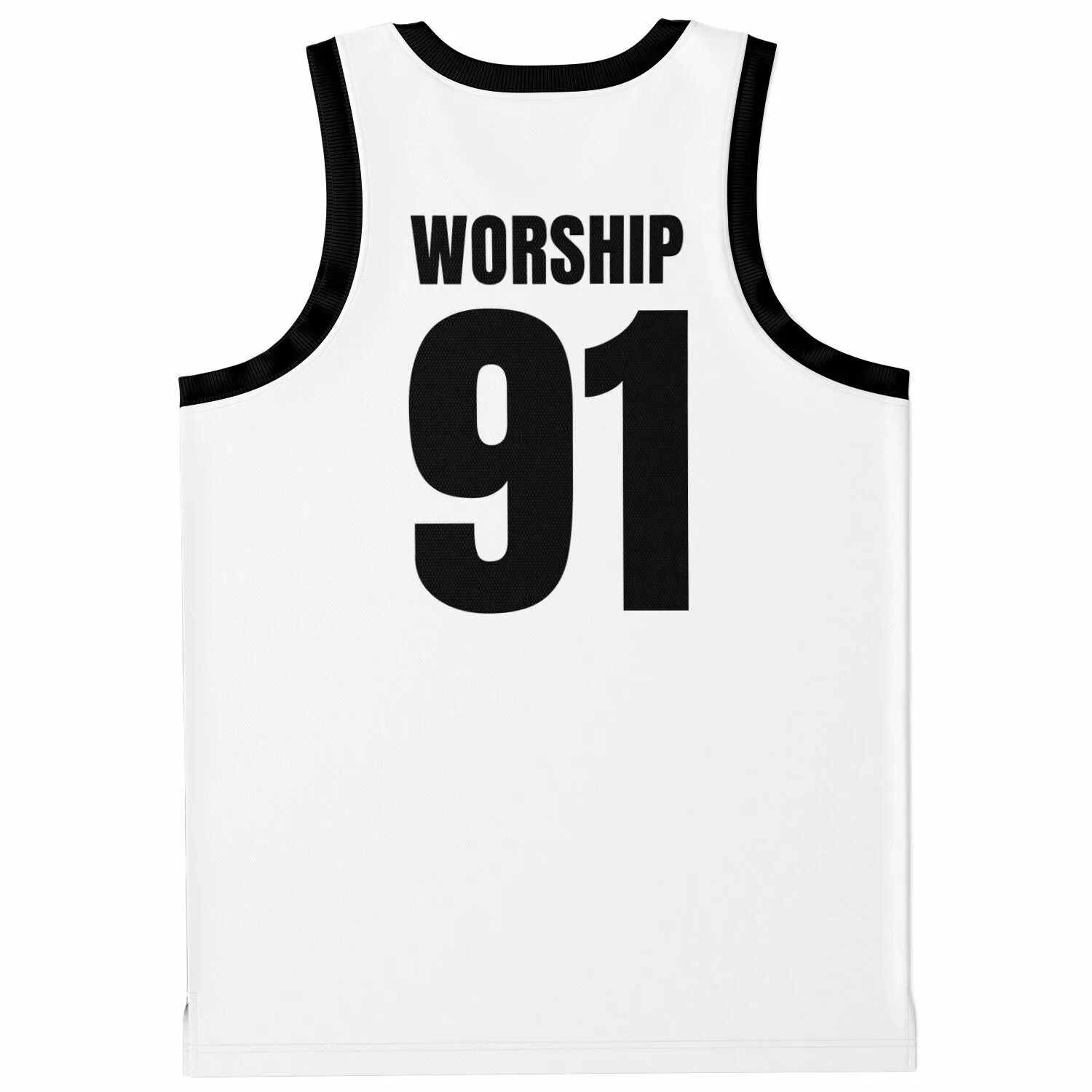 Back view of white basketball jersey with black trim, WORSHIP text and number 91 printed in bold black lettering