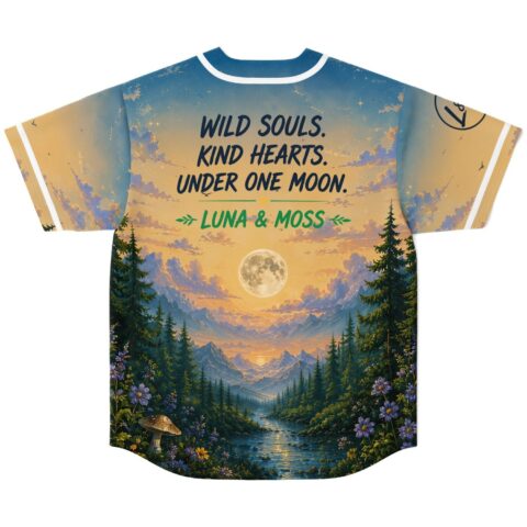 Luna & Moss rave baseball jersey — serene forest, golden sunset