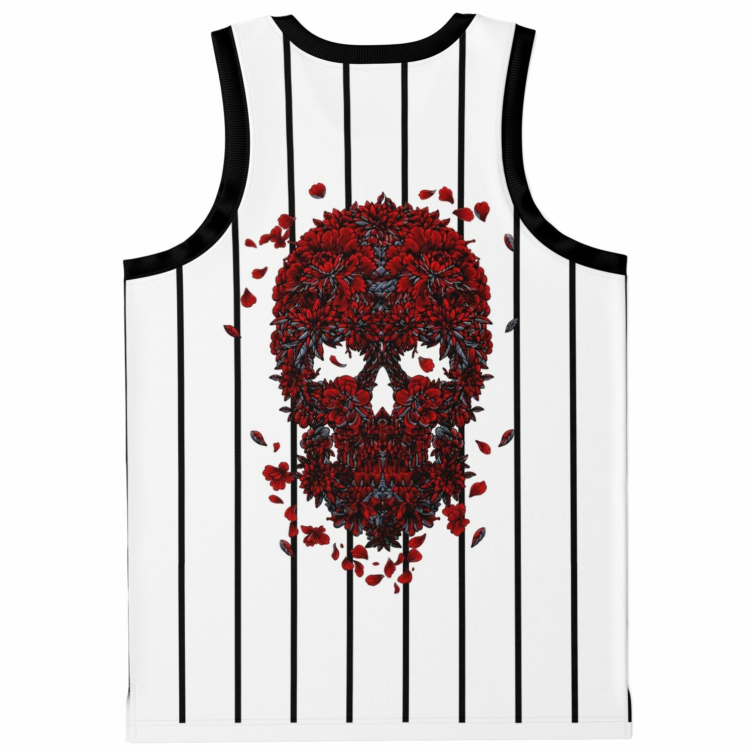 Back print pinstripe basketball jersey red floral skull design with scattered petals