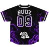 Purple liquid rave baseball jersey in black with violet marble swirls, white trim and a front crest badge – front