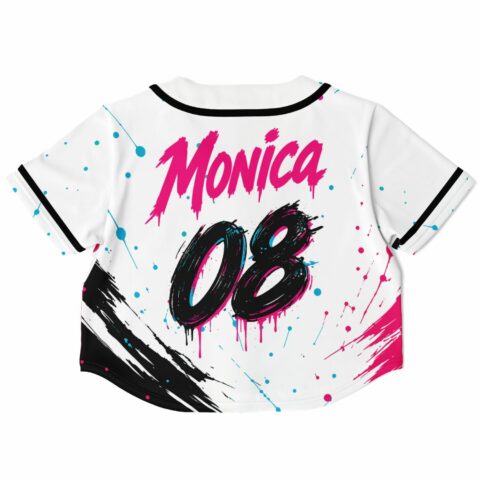 Bootleg Latinos cropped rave baseball jersey — graffiti brush, white – back view