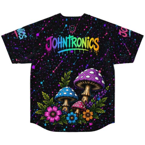 Johntronics rave baseball jersey — psychedelic amanita, black – back view