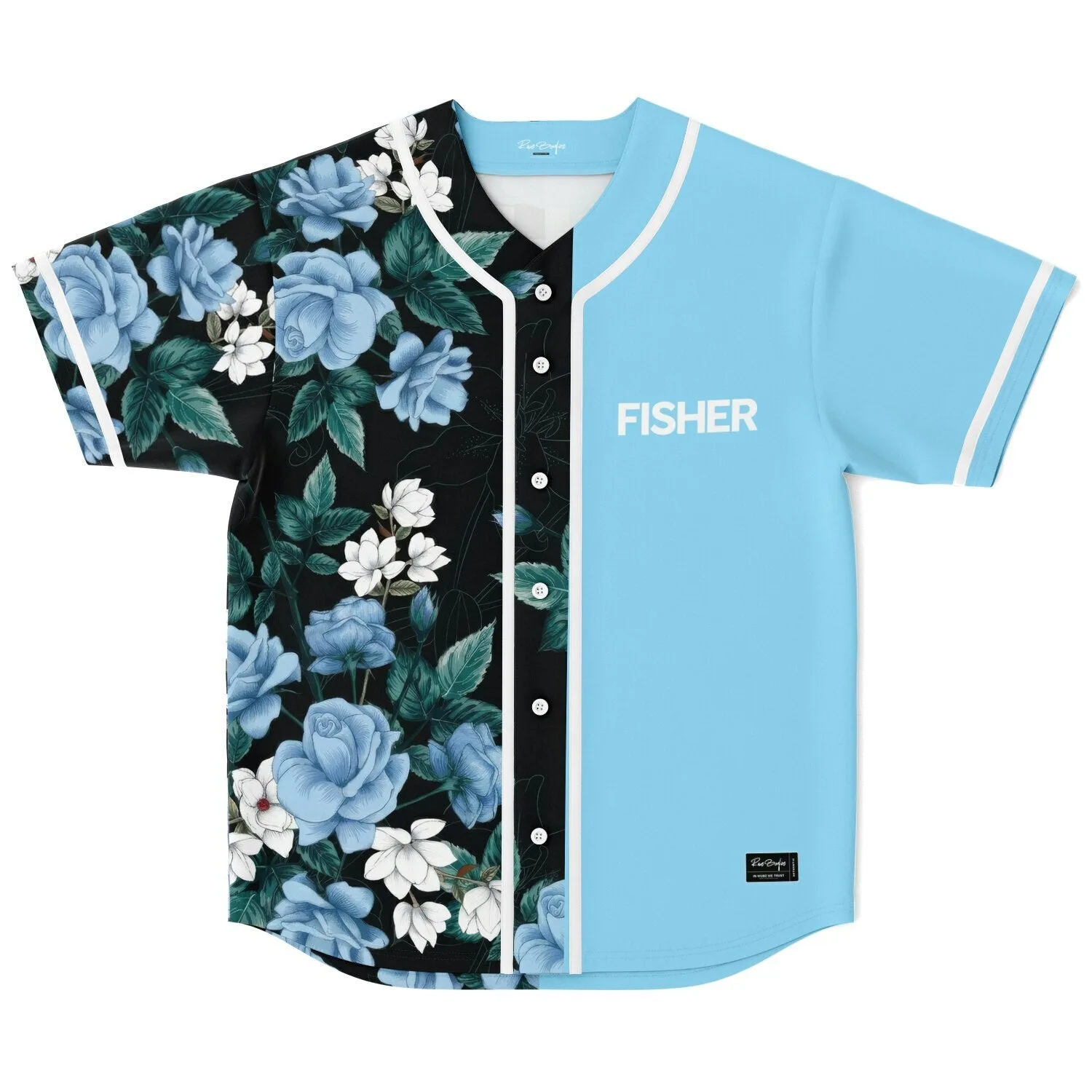 Front flat lay of a floral rave baseball jersey with black rose print on one side and sky blue on the other, white piping and