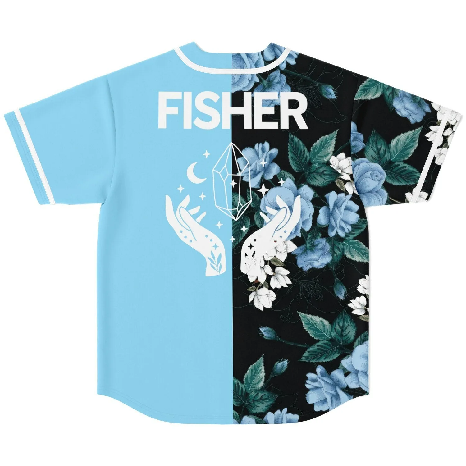 Back flat lay of the floral rave baseball jersey showing a crystal-and-moon hand design and a floral skull motif split across