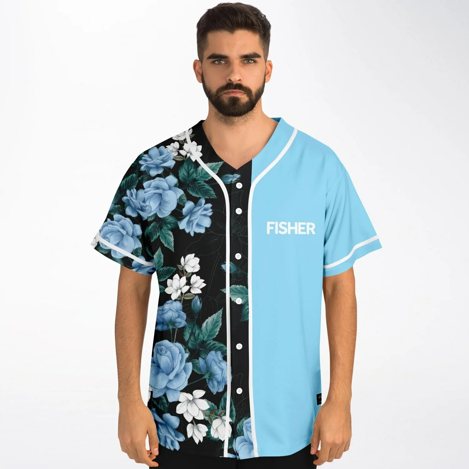 Model wearing the floral rave baseball jersey, front view showing the button placket and blue rose print sleeve