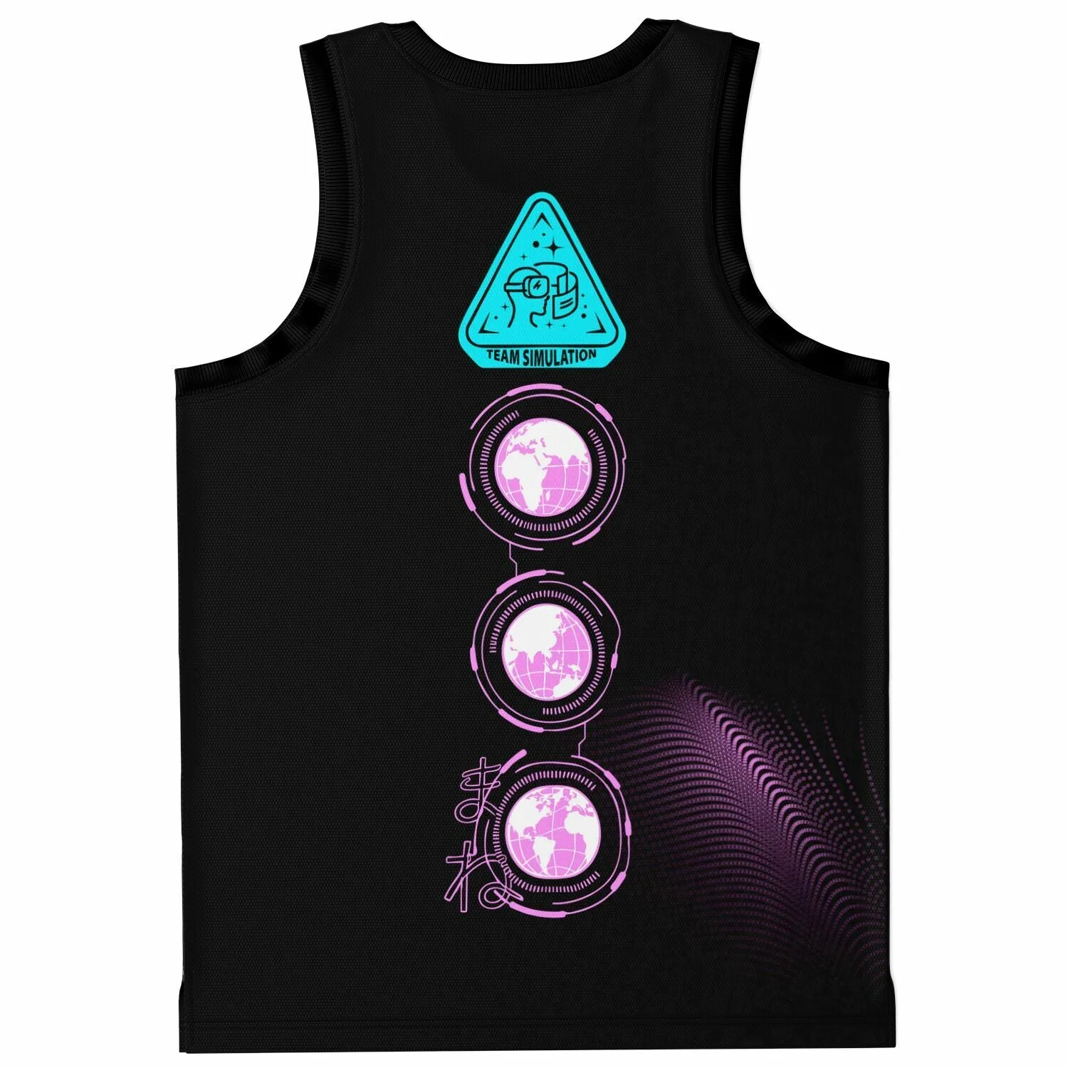 Back view of rave basketball jersey showing teal TEAM SIMULATION patch, stacked globe icons, and purple halftone wave design