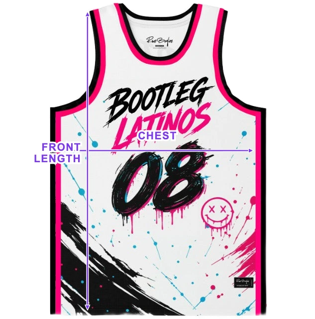 Basketball jersey size chart diagram showing chest and front length measurement points