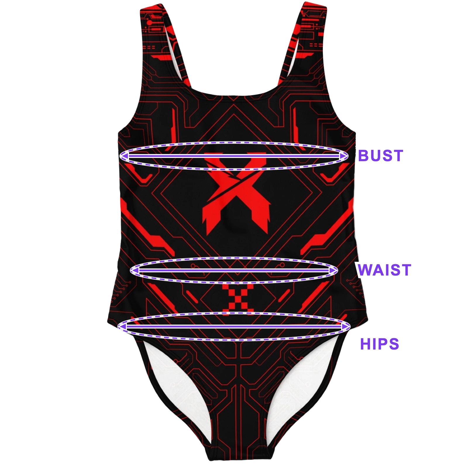 Rave bodysuit size chart diagram showing bust, waist and hips body measurement points