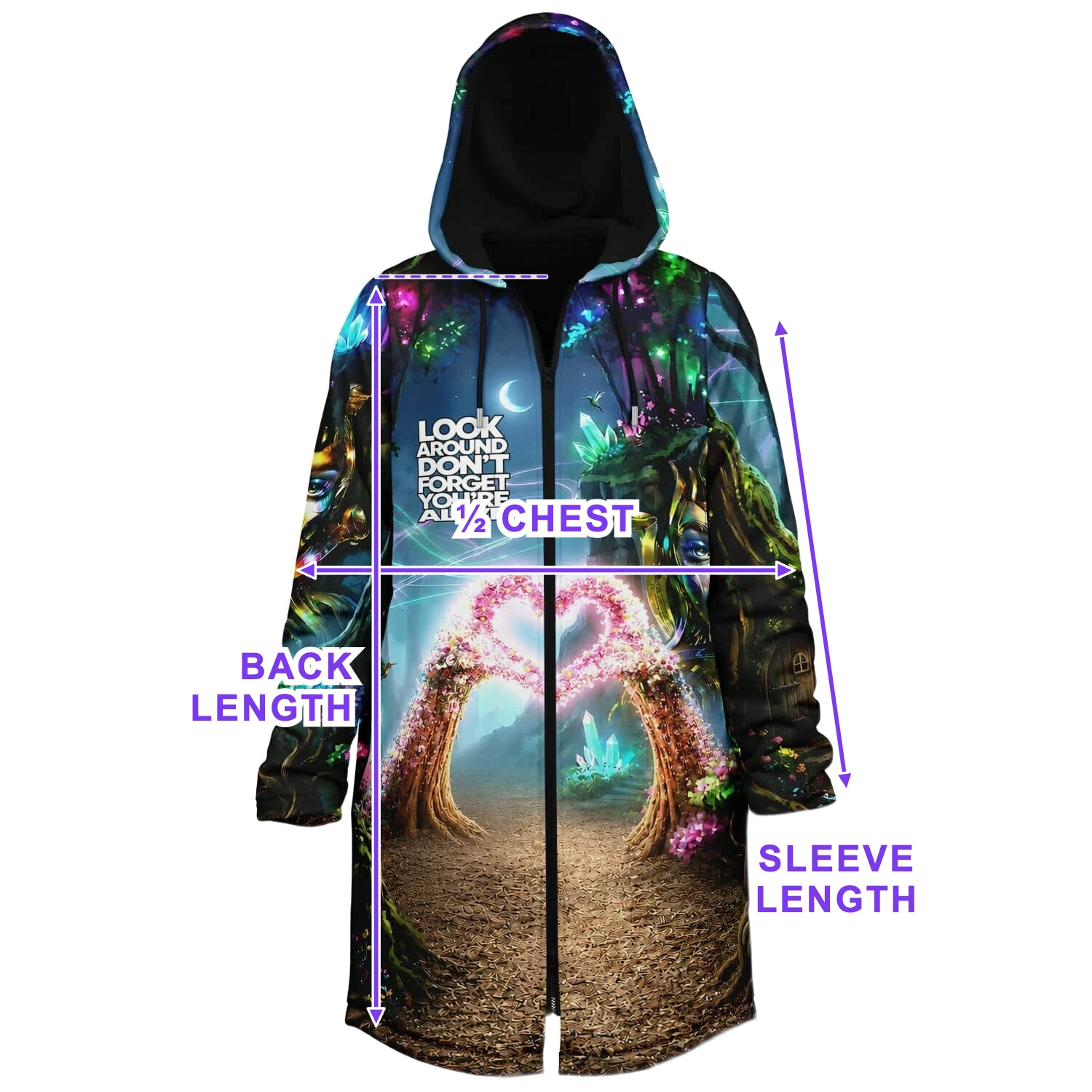 Rave cloak size chart diagram showing back length, half chest and sleeve length measurement points