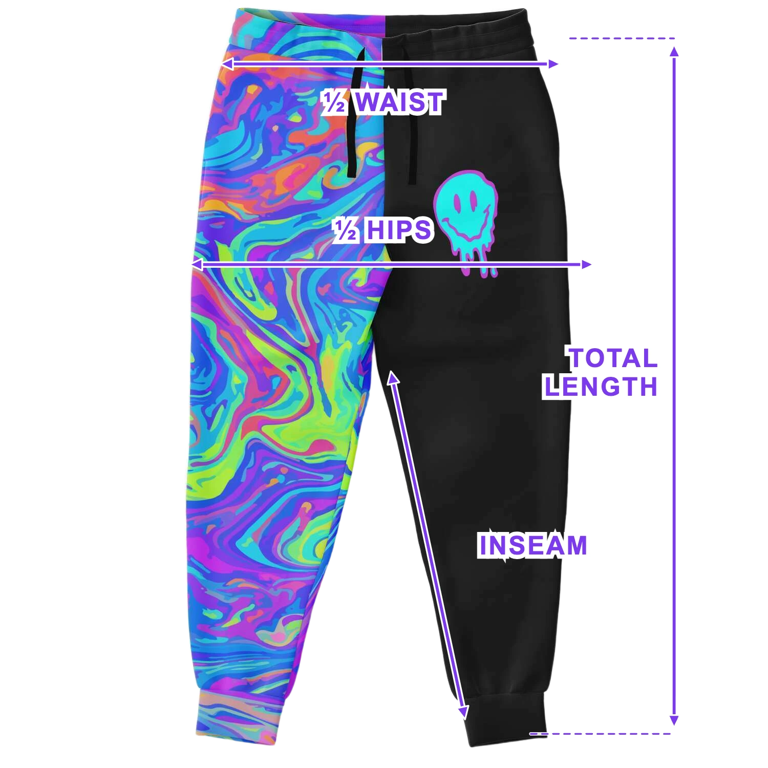 Jogger sweatpants size chart diagram showing waist, hips, inseam and total length measurement points