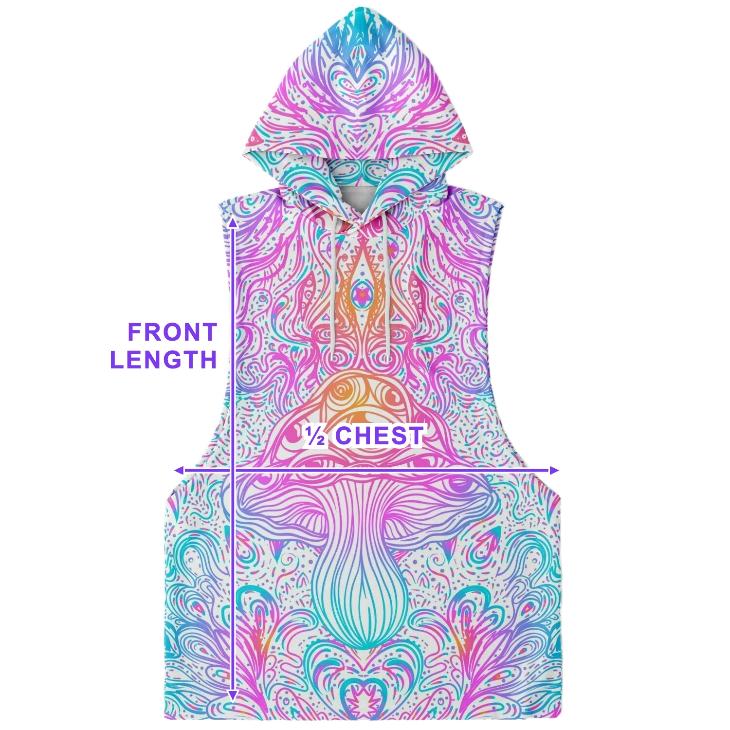 Sleeveless hoodie size chart diagram showing front length and half chest measurement points