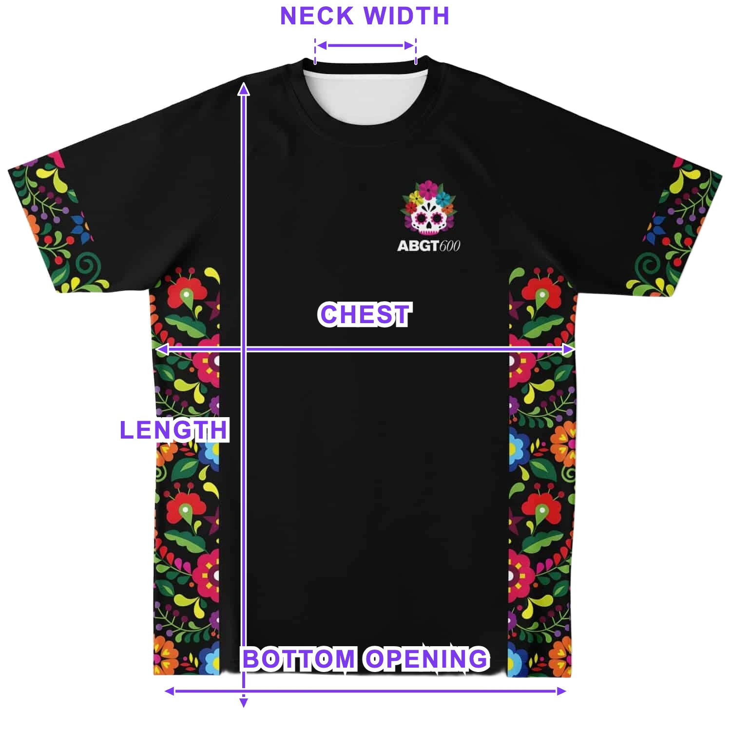Soccer jersey size chart diagram showing length, chest, bottom opening and neck width measurement points