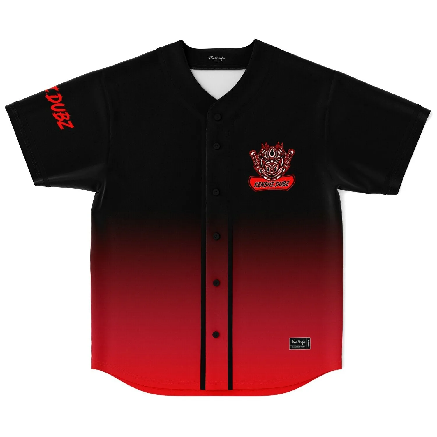 Front view of red black ombre baseball jersey with oni mask chest logo and sleeve text
