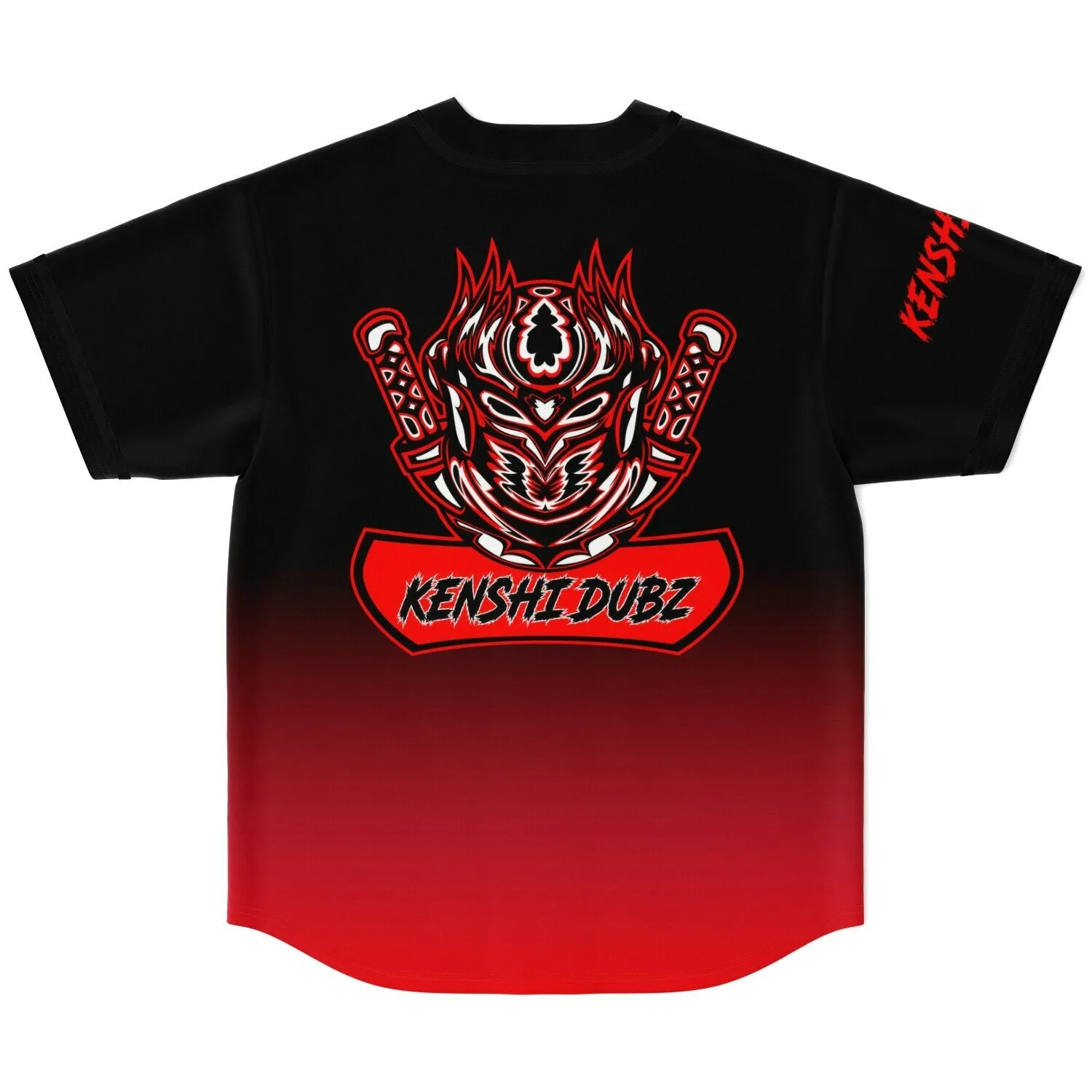 Back view of red black ombre baseball jersey showing large oni mask print and banner text