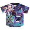 Front view of anime galaxy baseball jersey in purple and teal with monster and character print