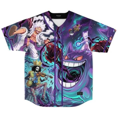 Front view of anime galaxy baseball jersey in purple and teal with monster and character print