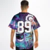 Model wearing purple teal anime galaxy baseball jersey with custom number on back