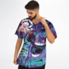 Close-up of anime-inspired and game-inspired character art on purple galaxy baseball jersey