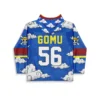 Back view of blue cloud-print hockey jersey customized with GOMU 56 in yellow and white lettering