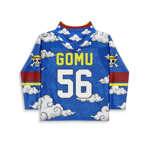 Back view of blue cloud-print hockey jersey customized with GOMU 56 in yellow and white lettering