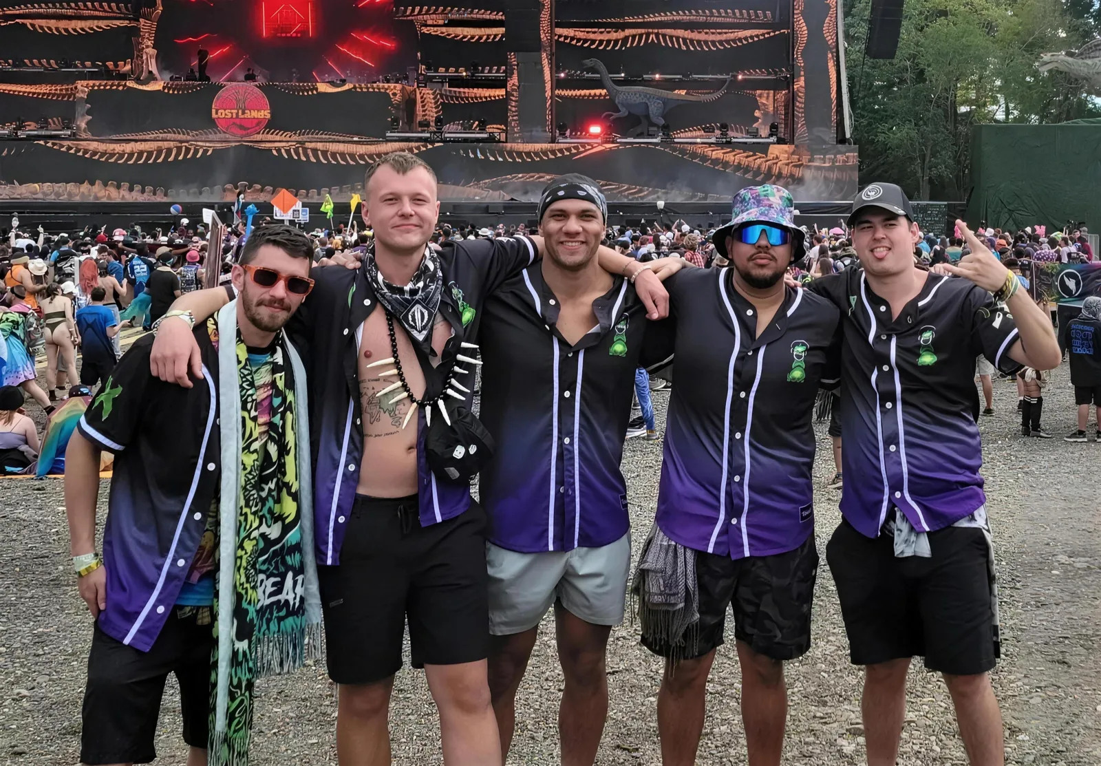 Festival crew in matching black and purple custom baseball jerseys