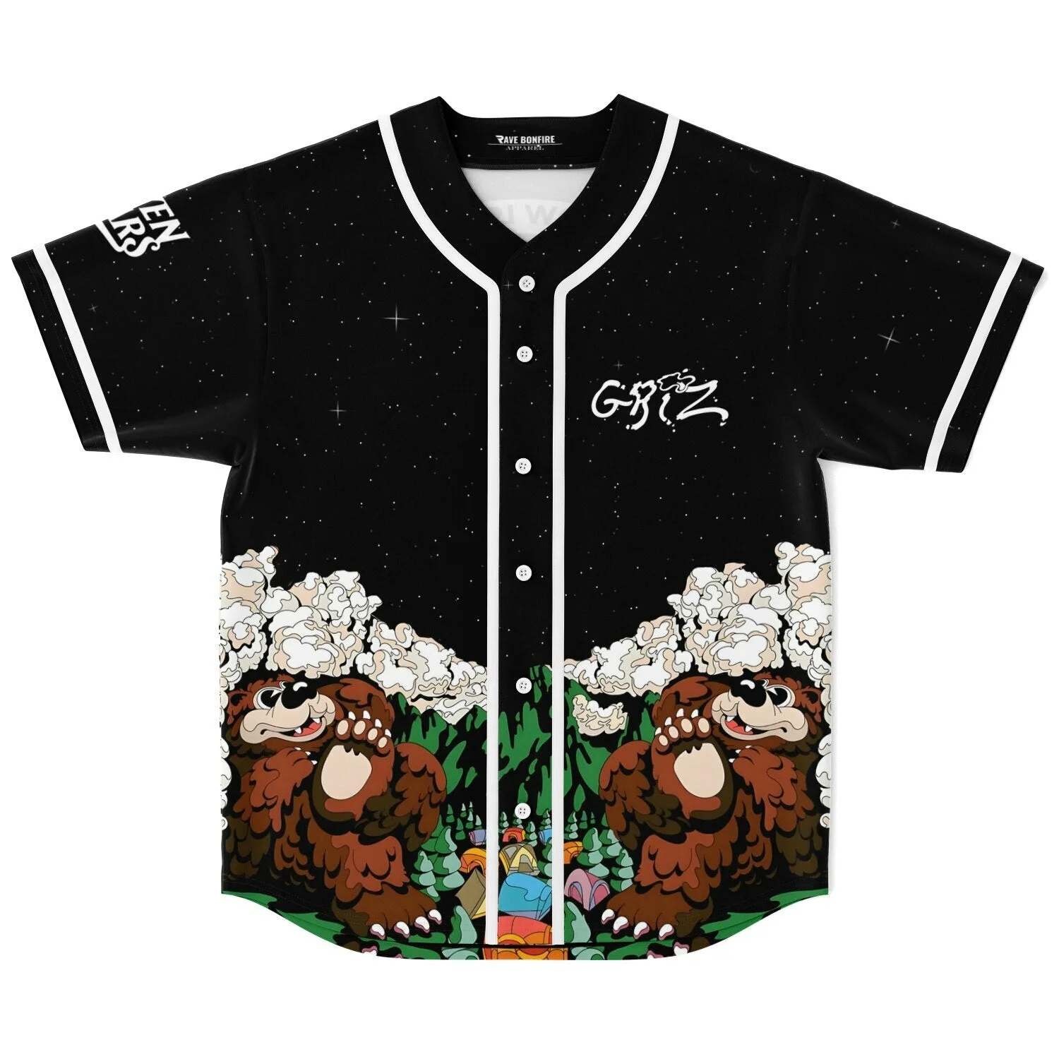 Front view of black cartoon bear baseball jersey with starry sky print and GRIZ chest text